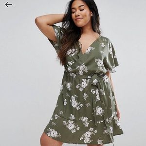 Green and White Floral Faux Wrap Dress
